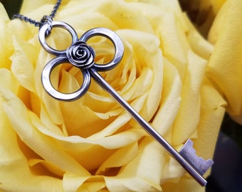 Rosabella -- Sterling Silver Skeleton Key Necklace -- Fine Silver Rose -- Handcrafted
