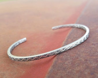 Sterling Silver Stacking Cuff Bracelet -- Zigzag Pattern -- Handcrafted -- Skinny Silver Bracelet