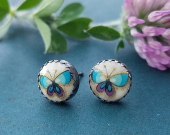 Bitty Butterflies -- Sterling Silver Daisy Post Earrings -- Vintage Japanese Glass Cabochons -- Turquoise and Purple