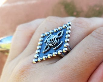 Wanda--Oxidized Sterling Silver Ring--Handcrafted Sterling Silver Rose--Rockabilly Ring