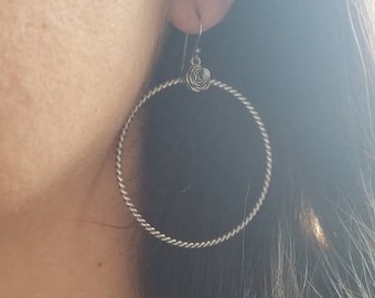 Baby Dollys -- Large Oxidized Sterling Silver Hoop Earrings -- Handcrafted -- Dark Finish -- Hippie Boho Earrings