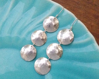 Triple Hammered Disc Earrings -- Sterling Silver -- Bright Finish -- Long Lightweight Earrings -- Handcrafted