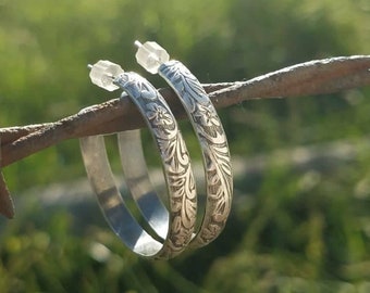 Oxidized Sterling Silver Hoop Earrings -- Western Floral -- Handcrafted -- Dark Finish
