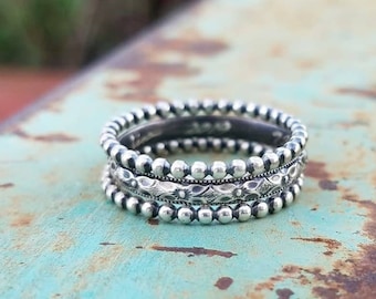 Oxidized Sterling Silver Stack Ring Set -- Nouveau Trio -- Diamond Floral and Beaded -- Handcrafted -- Made to Order -- Sweet & Simple