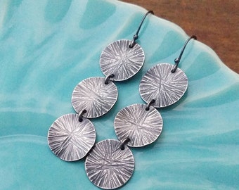 Oxidized Sterling Silver Hammered Starburst Disc Earrings -- Triple -- Dark Finish -- Long Lightweight Earrings -- Handcrafted