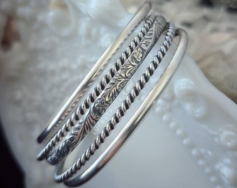 Oxidized Sterling Silver Stacking Cuff Bracelets -- Set of 5-- Rope, Floral, and Half-round -- Handcrafted