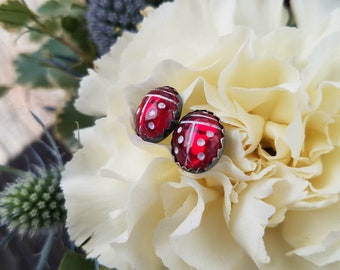 Little Ladies -- Sterling Silver Ladybug Post Earrings -- Vintage Glass Cabochons -- Ruby Red