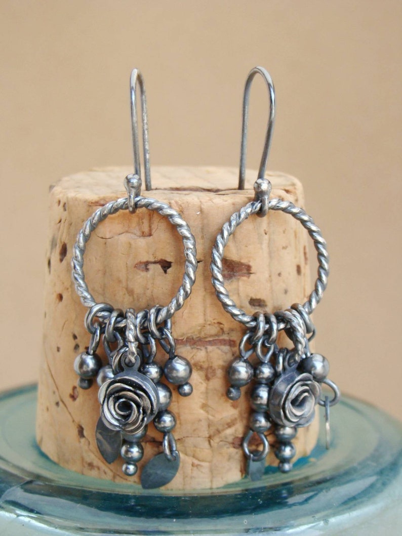 Lila Oxidized Sterling Silver Earrings with Charms Handcrafted Fine Silver Rose image 2