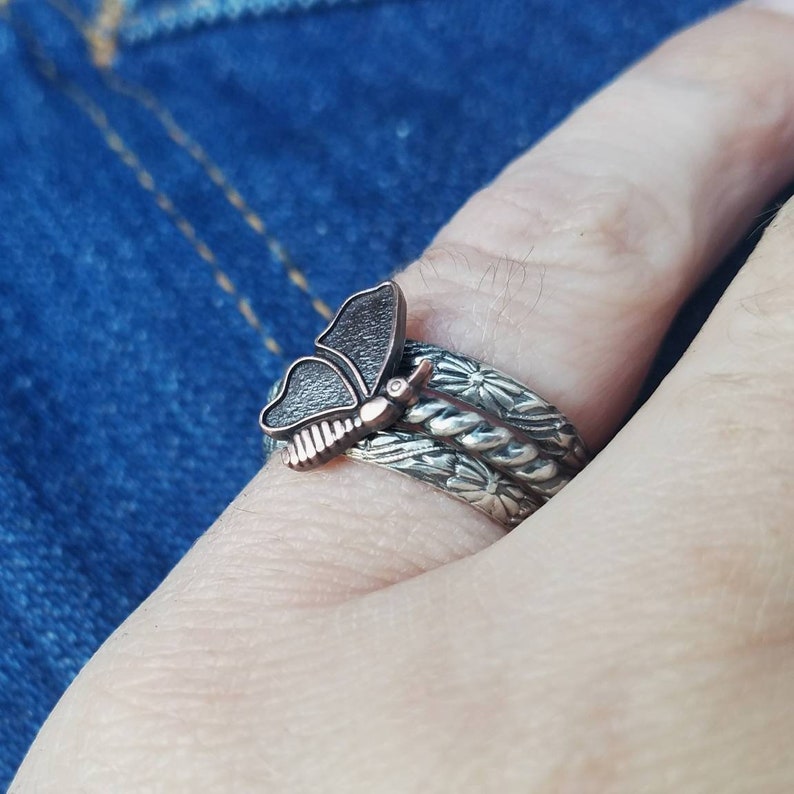 Copper /'70s Butterfly Kendra Handcrafted Oxidized Sterling Silver Stack Ring Set