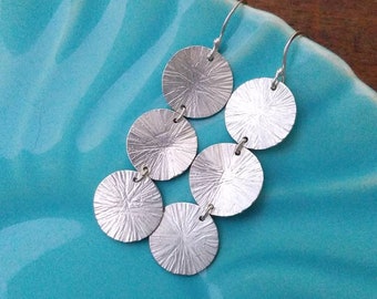 Hammered Sterling Silver Earrings -- Starburst Triple Disc -- Bright Finish -- Long Lightweight Earrings -- Handcrafted