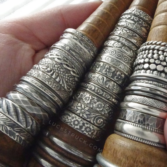 Sterling Silver Stacking Rings -- Oxidized -- Build Your Own Stack -- Floral, Beaded, Snakeskin, Braid, Rope, Hammered, Plain, Thin, Wide