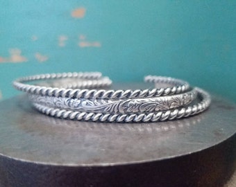 Sweet & Simple -- Oxidized Sterling Silver Stacking Cuff Bracelets -- Set of 3 -- Rope and Floral Patterns -- Handcrafted