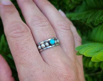 Cheyenne -- Sterling Silver and Turquoise Stack Rings -- Set of 3 -- Heavy Half Bead and Marquise Floral -- Wide