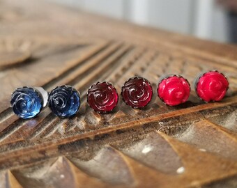 Tiny Rose Earrings -- Sterling Silver Post Earrings — Vintage Glass Cabochon Studs -- Montana Blue, Ruby, or Cherry Red