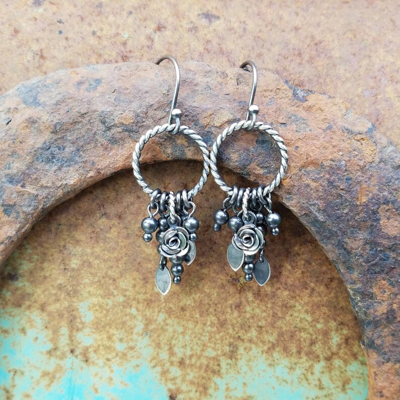 Lila Oxidized Sterling Silver Earrings with Charms Handcrafted Fine Silver Rose image 1