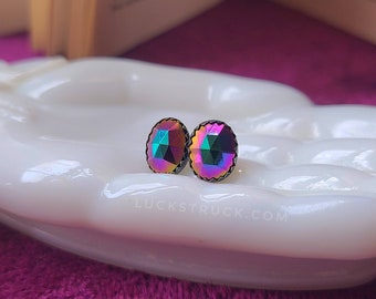 Lena -- Sterling Silver Post Earrings -- Vintage Glass Cabochons -- Dark Rainbow