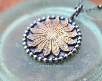 Amelia -- Vintage Brass and Sterling Silver Sunflower Necklace