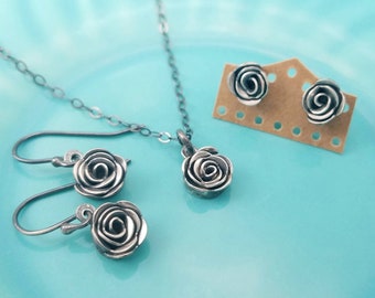 Luckstruck Signature Silver Roses -- Handcrafted -- Sterling Silver Rose Earrings, Necklace, or Set