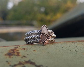 Kendra -- Oxidized Sterling Silver Stack Ring Set -- '70s Butterfly -- Copper -- Handcrafted