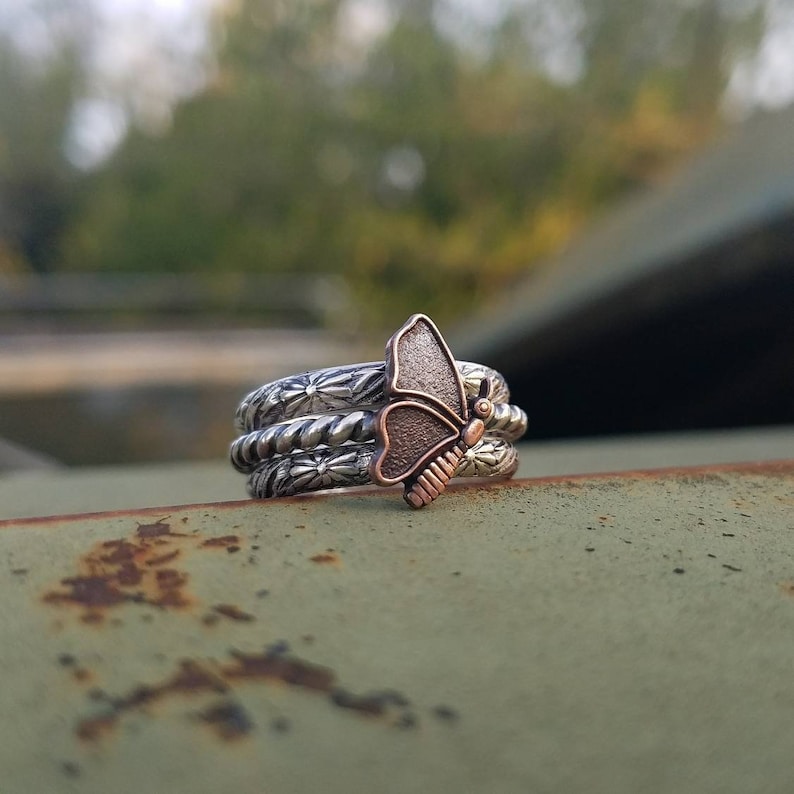 Copper /'70s Butterfly Kendra Handcrafted Oxidized Sterling Silver Stack Ring Set