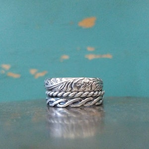 Oxidized Sterling Silver Stack Rings -- Set of 3 -- Floral -- Rope -- Braid -- Handcrafted -- Sweet & Simple