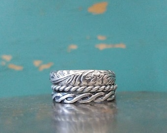 Oxidized Sterling Silver Stack Rings -- Set of 3 -- Floral -- Rope -- Braid -- Handcrafted -- Sweet & Simple