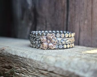 Ann -- Western Ring Set -- Oxidized Sterling Silver Stack Ring with Vintage Brass Flower -- Handcrafted