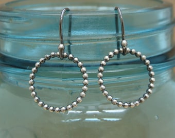 Sterling Silver Beaded Hoop Earrings -- Oxidized Sterling Silver -- Lightweight -- Handcrafted