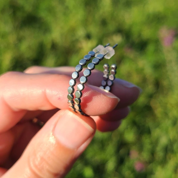Oxidized Sterling Silver Hoop Earrings -- Hammered Bead -- Dotted -- Handcrafted -- Dark Finish -- Rustic Sparkle