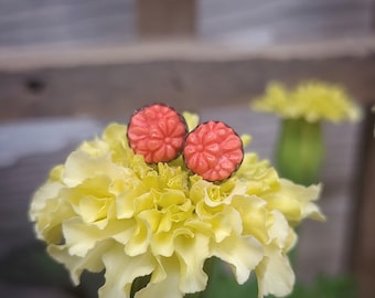 Kari -- Sterling Silver Post Earrings — Vintage Coral Glass Floral Cabochon Studs