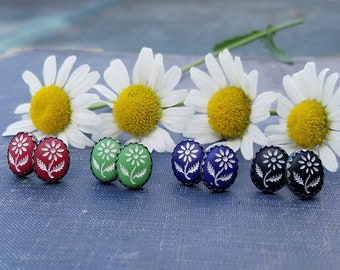 Little Bitty Blooms -- Sterling Silver Daisy Post Earrings -- Vintage German Glass Cabochons -- Red, Green, Blue, or Black
