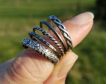 Oxidized Sterling Silver Stack Rings -- Set of 5 -- Floral, Rope, Braid, Hammered and Plain -- Sweet & Simple