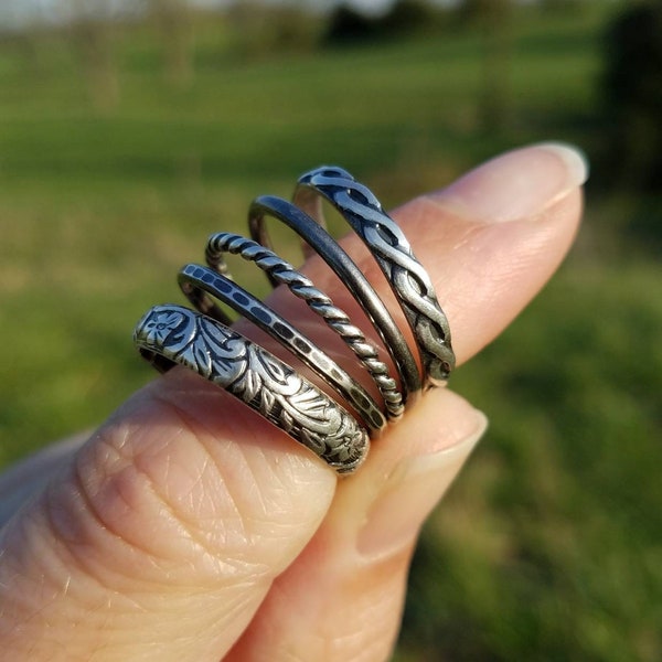 Oxidized Sterling Silver Stack Rings -- Set of 5 -- Floral, Rope, Braid, Hammered and Plain -- Sweet & Simple