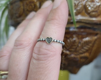 Brenna -- Oxidized Sterling Silver Stack Ring with Tiny Vintage Brass Heart -- Handcrafted