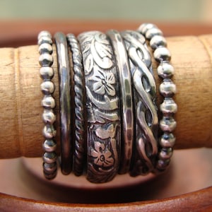 Oxidized Sterling Silver Stack Rings -- Set of 7 -- Floral, Rope, Braid, Hammered, Plain, and Beaded -- Sweet & Simple