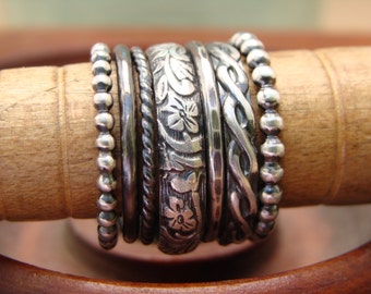 Oxidized Sterling Silver Stack Rings -- Set of 7 -- Floral, Rope, Braid, Hammered, Plain, and Beaded -- Sweet & Simple