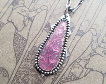 Sybil -- Sterling Silver and Vintage Glass Cabochon -- Handcrafted -- Gorgeous Frosted Amethyst Glass