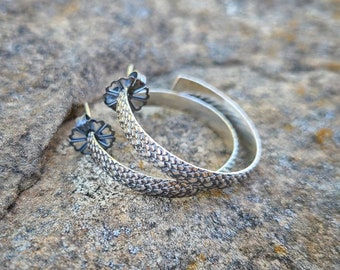 Kate Hoops -- Oxidized Sterling Silver Hoop Earrings -- Snakeskin -- Handcrafted -- Dark Finish