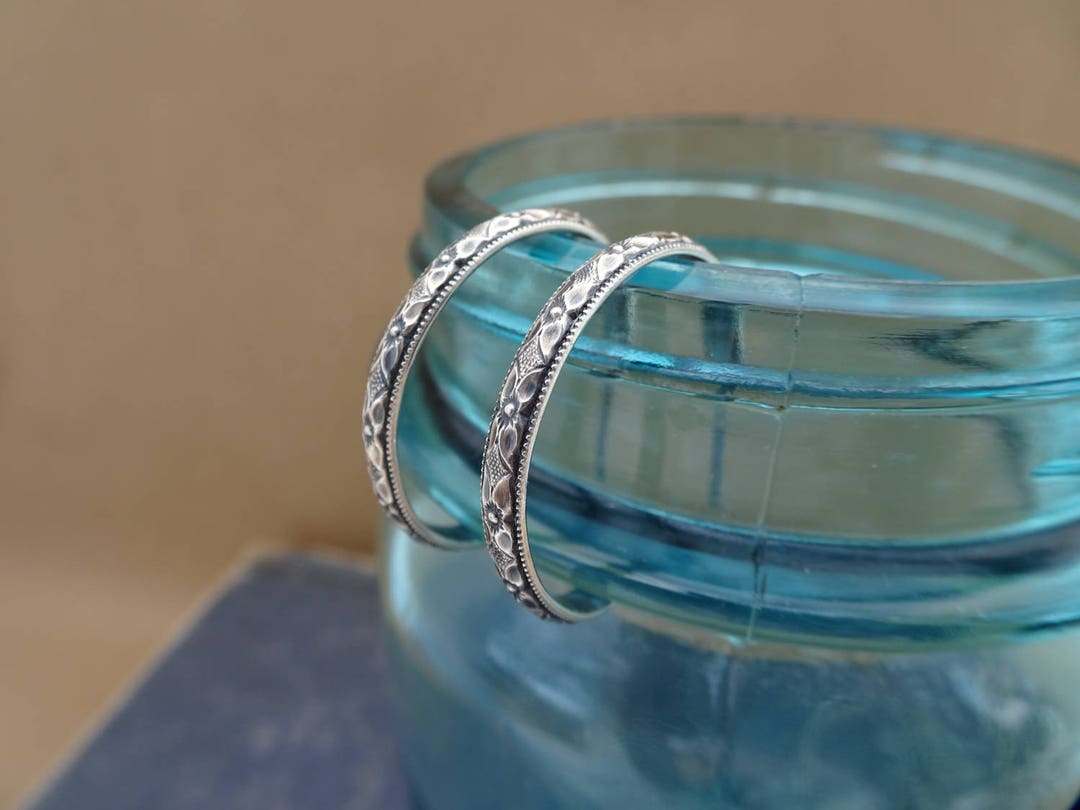 Oxidized Sterling Silver Hoop Earrings Diamond Floral - Etsy