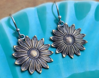 Florence -- Sunflower Earrings -- Sterling Silver and Vintage Brass