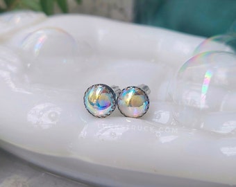 Good Witch -- Sterling Silver Post Earrings -- Iridescent Vintage Glass Bubble Cabochons -- Rainbow