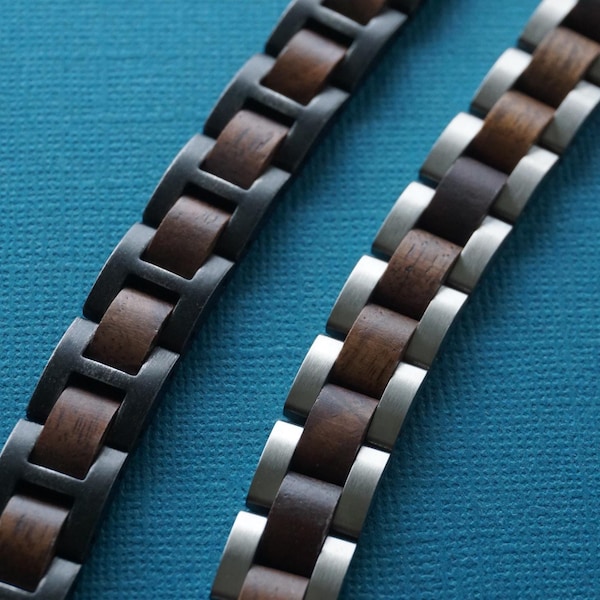 Schakelarmband heren, walnoothout en roestvrij staal, zilver of verweerd zwart, 8,5 inch, 12 mm breed, graveerbaar, opvallende sieraden
