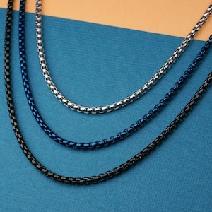 3mm Box Chain Necklace, Stainless Steel Chain in Silver Black or Blue, 18 20 22 Inch Lengths, Waterproof, Tarnish Resistant, Hypoallergenic