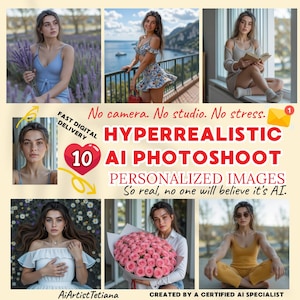 Hyperrealistic AI Photoshoot. Custom AI portraits, Ai photo shoot by AI Photographer. Realistic Ai Generated photos and customportrait.