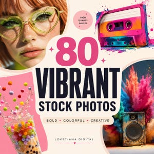 May include: A digital collection titled 80 VIBRANT STOCK PHOTOS BOLD COLORFUL CREATIVE LOVETIANA DIGITAL featuring a person with heart-shaped glasses, a pink and orange cassette tape, a cup of colorful boba tea, and a speaker with colorful smoke.