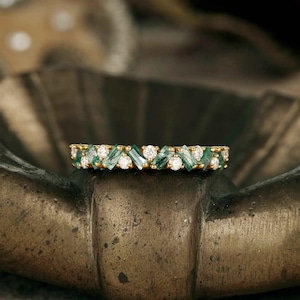 Rare Moss Agate 925 Sterling Silver Ring, Moss Agate Wedding Band, Moissanite and Moss Agate Ring, Unique Minimalist Stacking Ring,