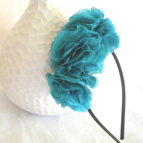 Handmade Teal  Flowered Pure Silk Headband