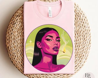 ファムファタールシャツ、レディースグラフィックTシャツ、ユニセックスTシャツ、半袖トップス、クールなヒップスターファッション、ステートメントシャツ