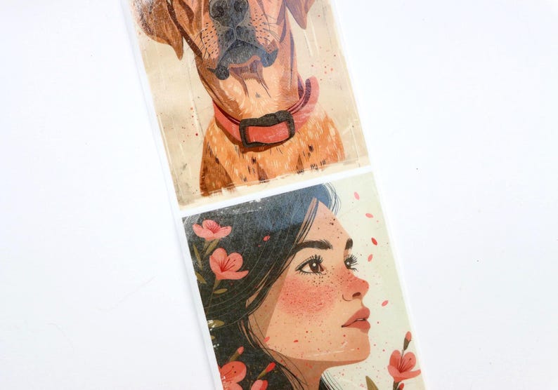 May include: Two illustrations printed on paper. The top illustration is a brown and white dog with a pink collar. The bottom illustration is a woman with brown hair and freckles, looking to the right. She is surrounded by pink flowers.