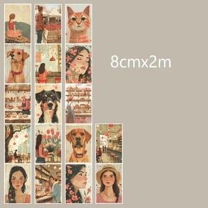 May include: A set of 12 washi tape rolls featuring illustrations of people, animals, and flowers. The tape is 8 cm wide and 2 meters long.